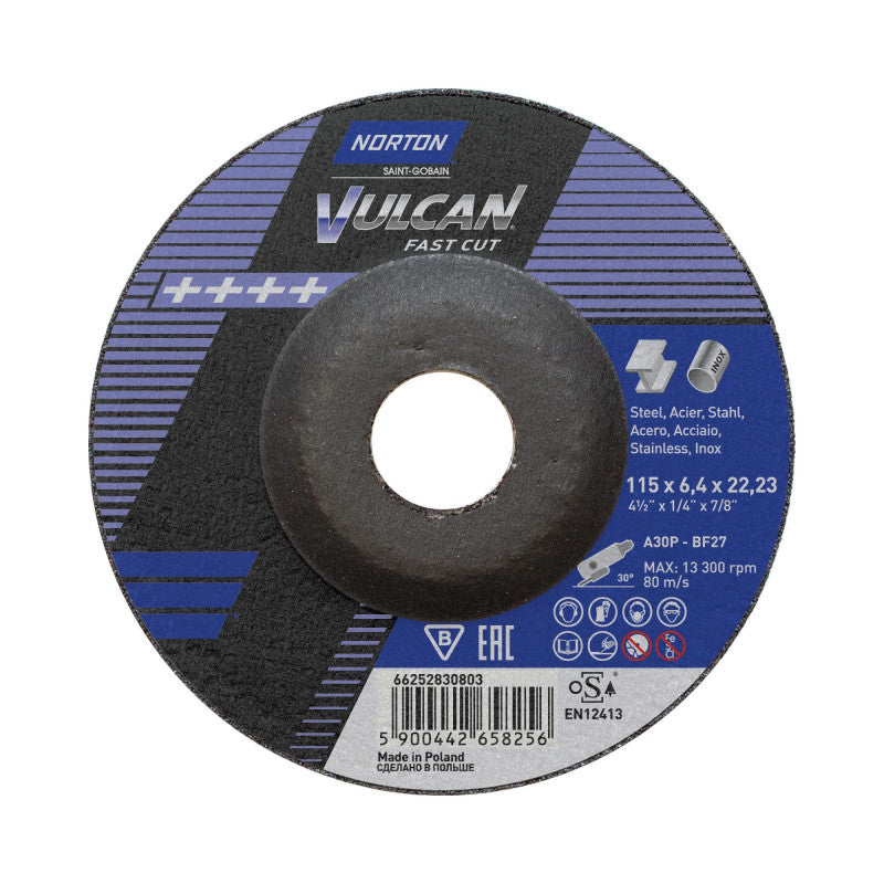 Schruppscheibe für Metall und Stahl 115x6,4x22 mm, Norton A30S Vulcan METAL INOX T27